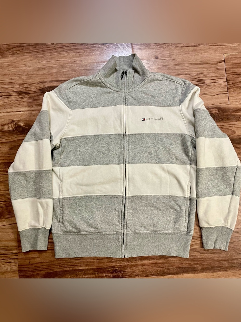 Tommy Hilfiger Medium Men’s Gray and White Striped Zip-Up Sweater Jacket